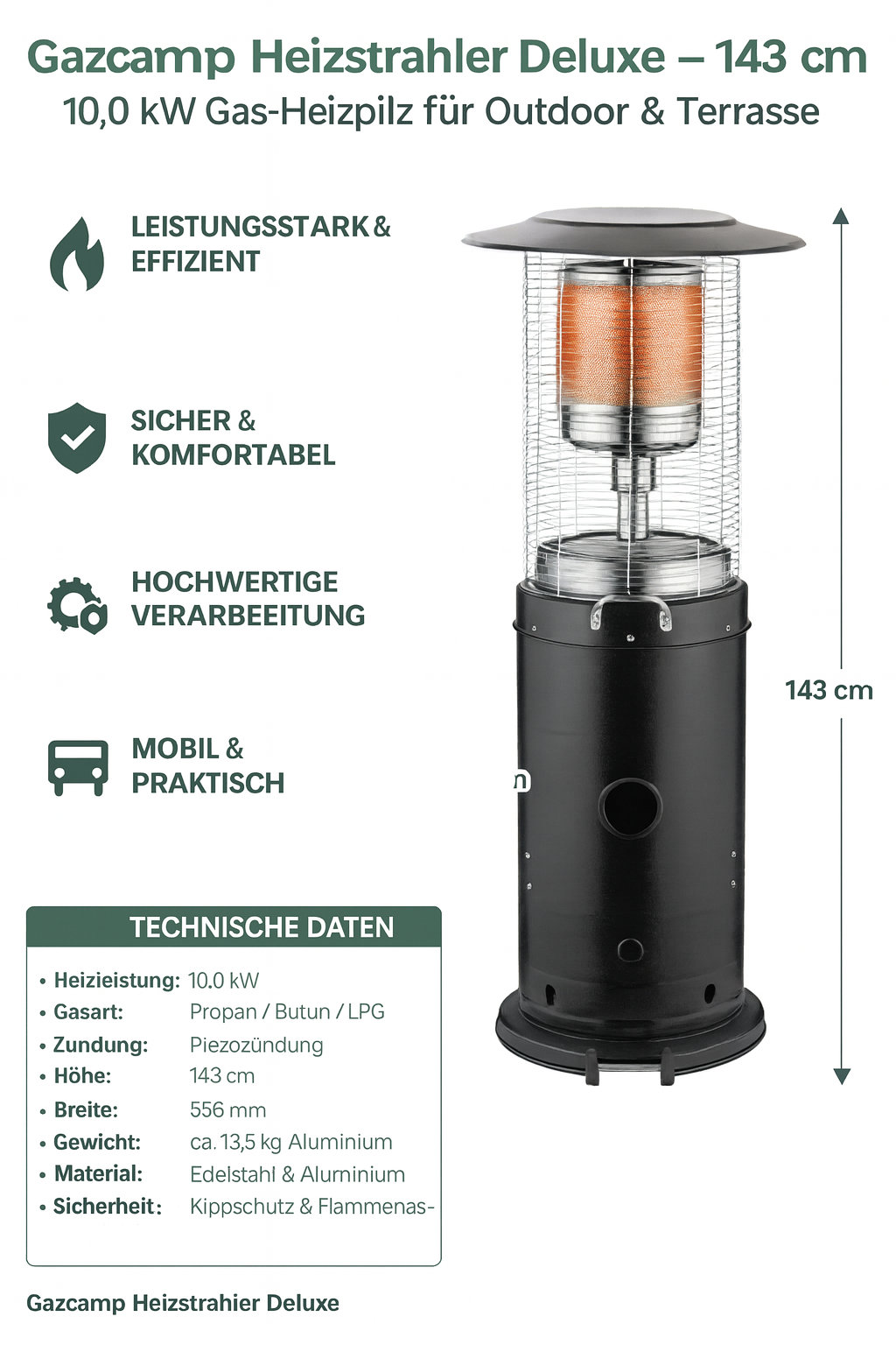 Gazcamp Heizstrahler Deluxe 10,0 kW – Gas Heizpilz aus Edelstahl mit Piezozündung & Kippschutz