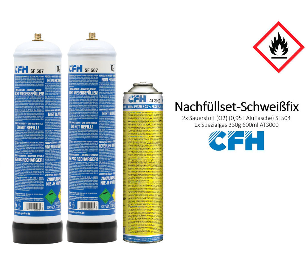 CFH Ersatzdosenset für Schweiß-Fix 2x Sauerstoffersatzflasche 140 g 950 ml Sauerstoff (O2) 1x Spezialgas 330 g 600 ml AT3000 SF504
