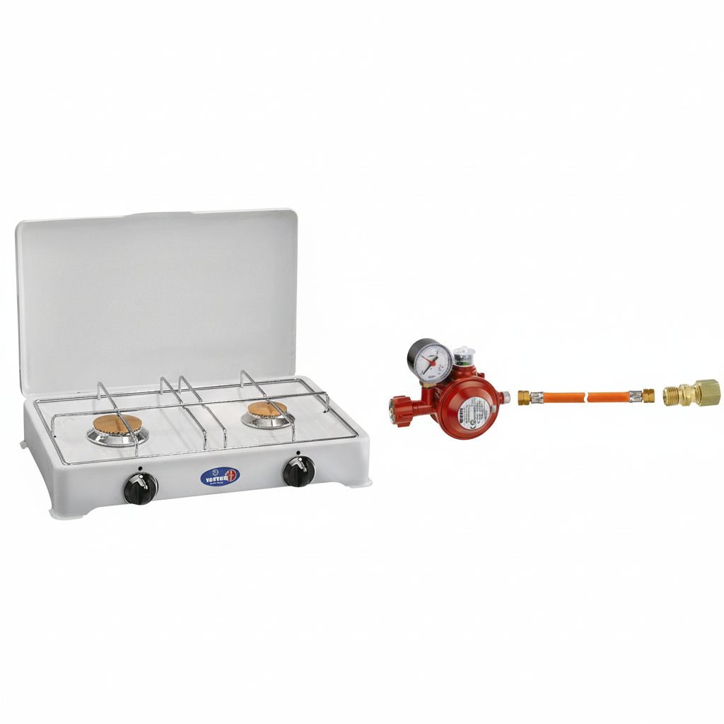 Parker Zweiflamm Gaskocher mit Zündsicherung weiß, 50 mbar + GOK Herdanschlußset