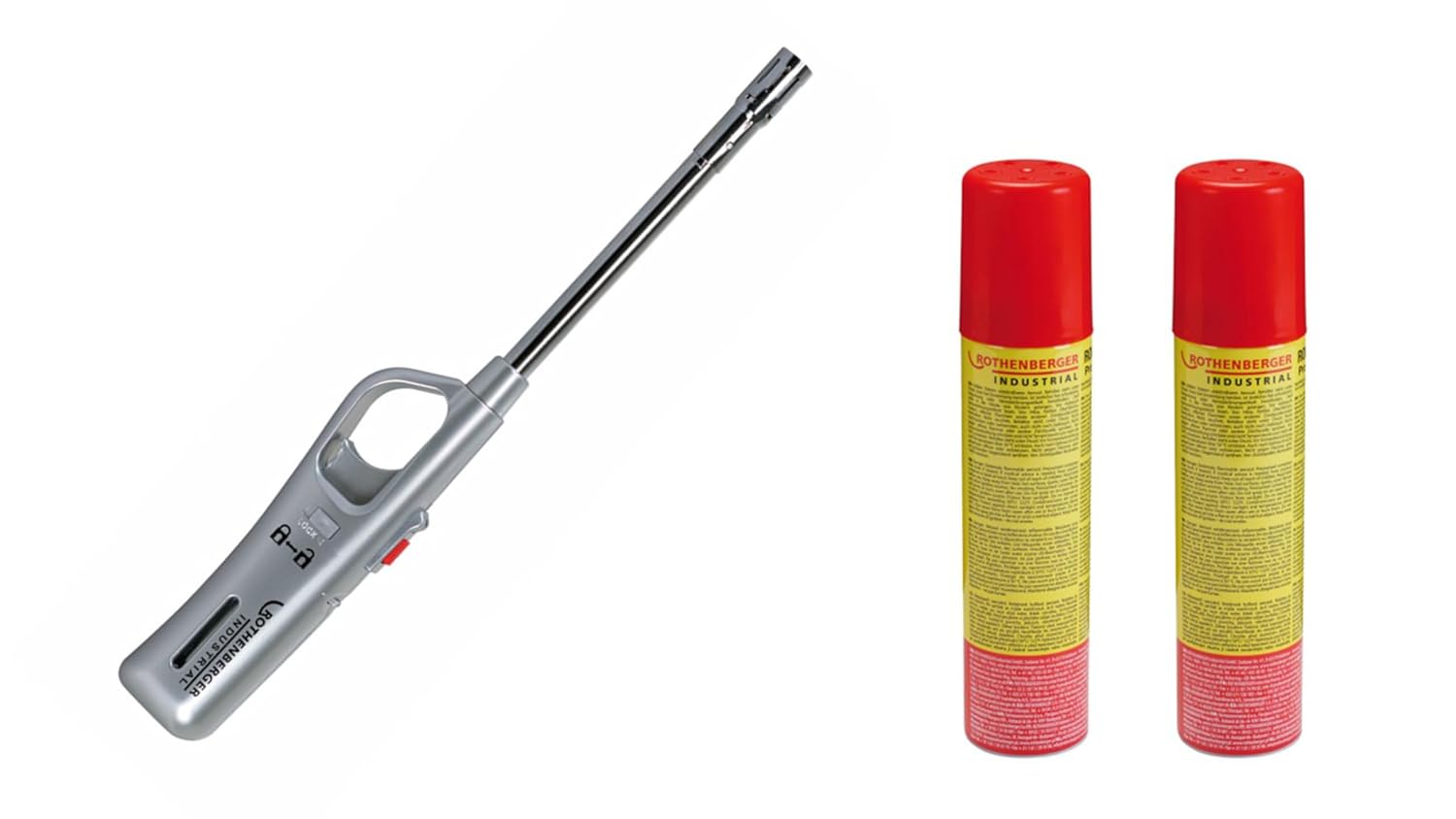 Rothenberger Industrial Gasanzünder Sturmsicher Stabfeuerzeug + 2x Rofill Nachfüllgas