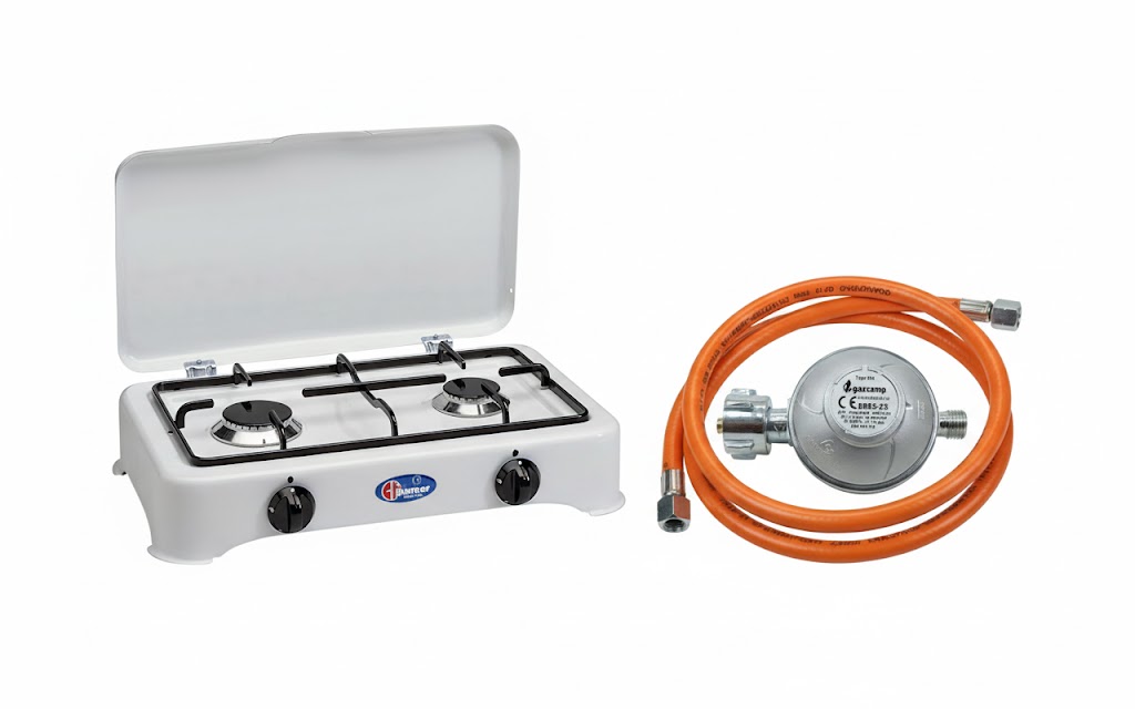 Parker Zweiflamm Gaskocher, Campingkocher, weiß mit Deckel 50 mbar + IGT Schlauch 1500 mm und Regler 50 mbar Set