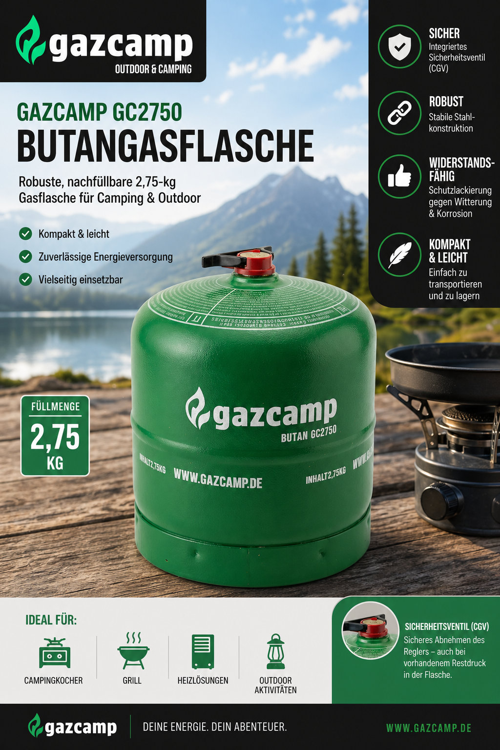 Gazcamp GC2750 Butangasflasche 2,75 kg Inhalt - Gasflasche für Camping & Outdoor