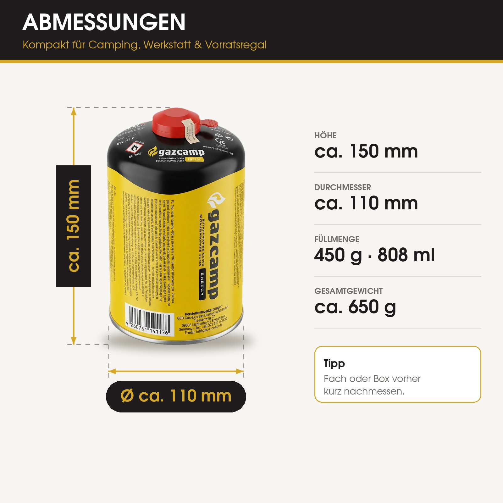 Gazcamp Butan/Propan 450g (808ml) Gaskartusche EN417 Schraubgewinde