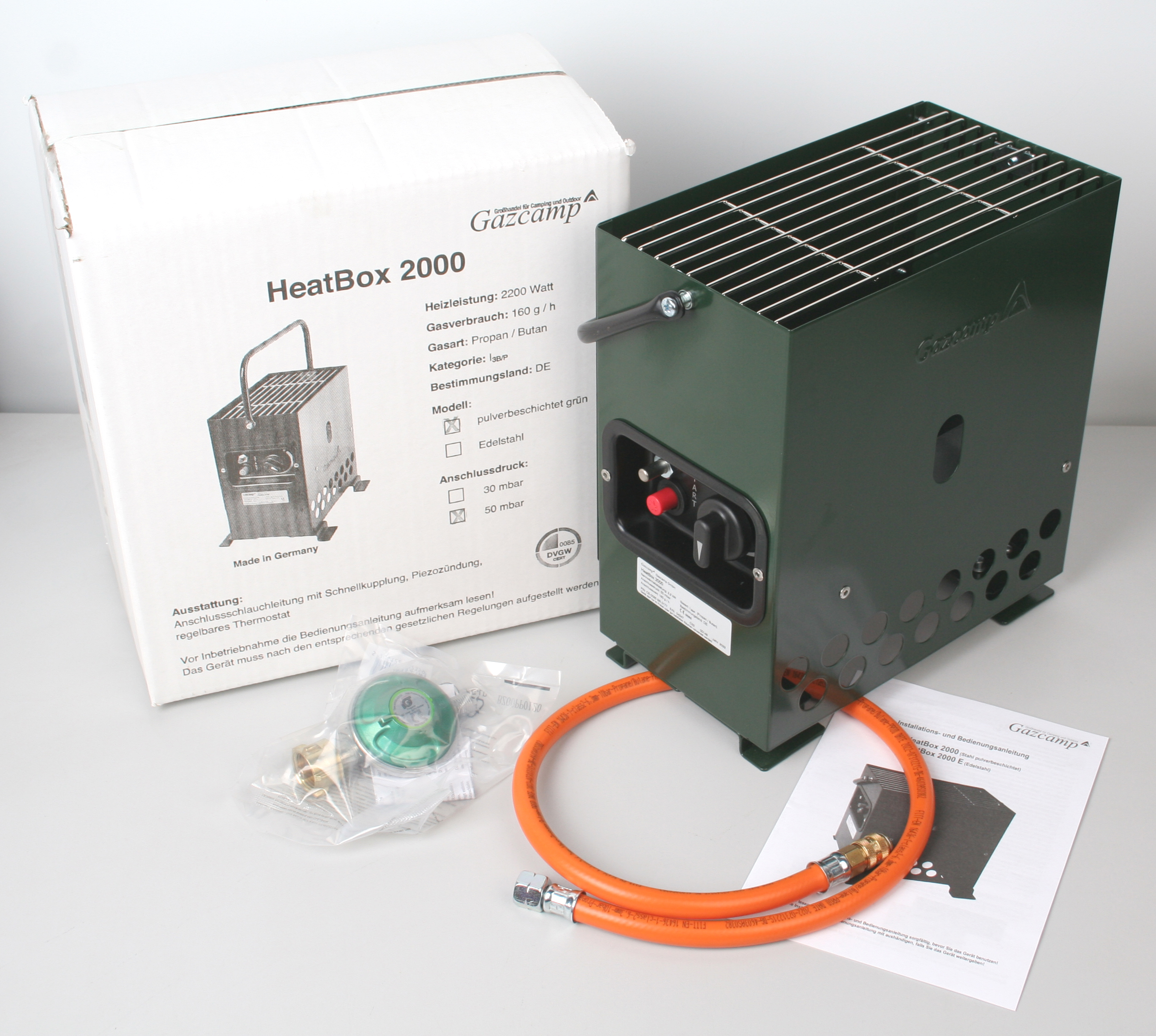 HeatBox 2000 Campingheizung 2,2 kW Grün Gasheizung Piezozündung Zündsicherung 50 mbar mit Schlauch Regler