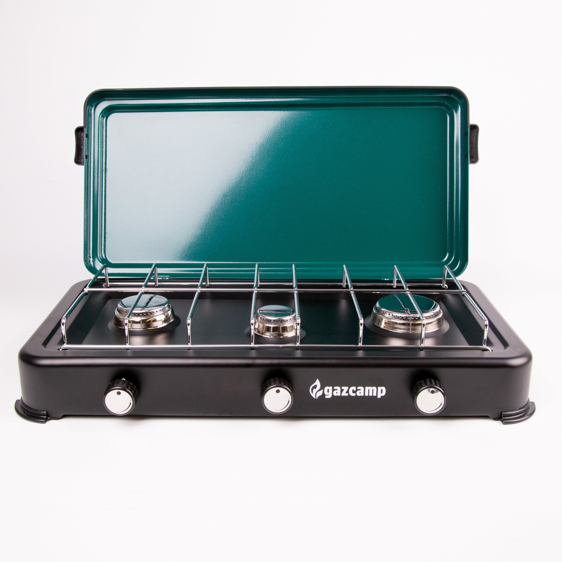 Gazcamp 3-flamm Gaskocher 3,7 kW 50 mbar schwarz mit Deckel inkl. Schlauch und Regler
