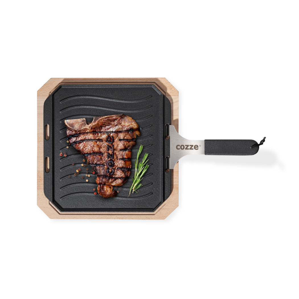 Cozze Gusseisenpfanne mit Bambus Servierbrett, 30 x 30 cm