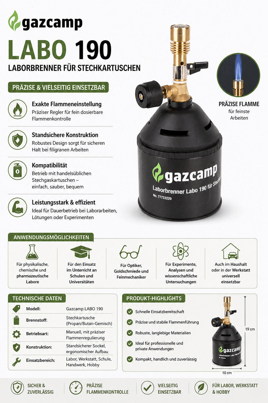 Gazcamp Laborbrenner LABO 190 für Stechkartuschen