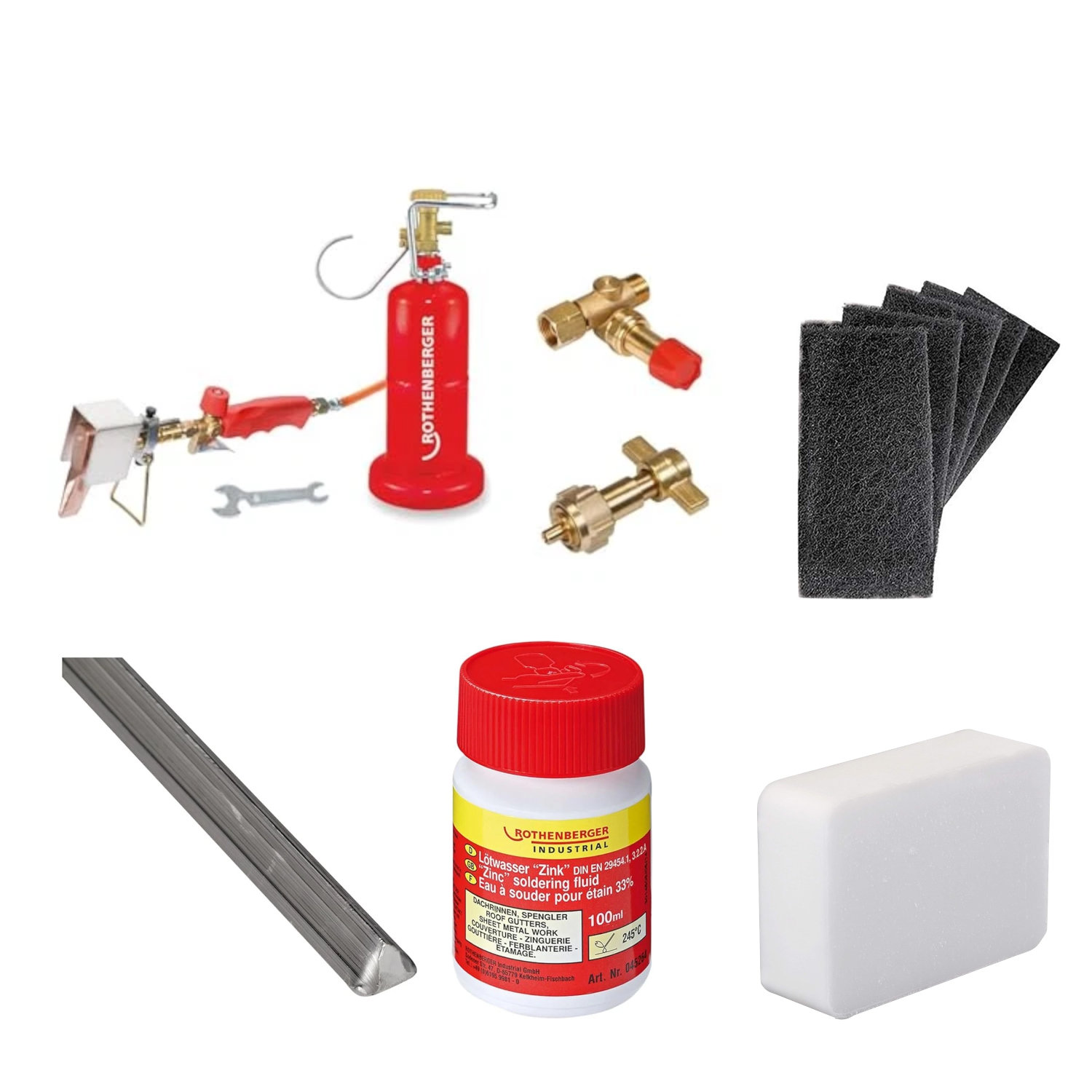 Rothenberger Industrial Kupferlötkolben Handwerkerflasche Propanregler Propanumfüllstutzen Set 8-teilig