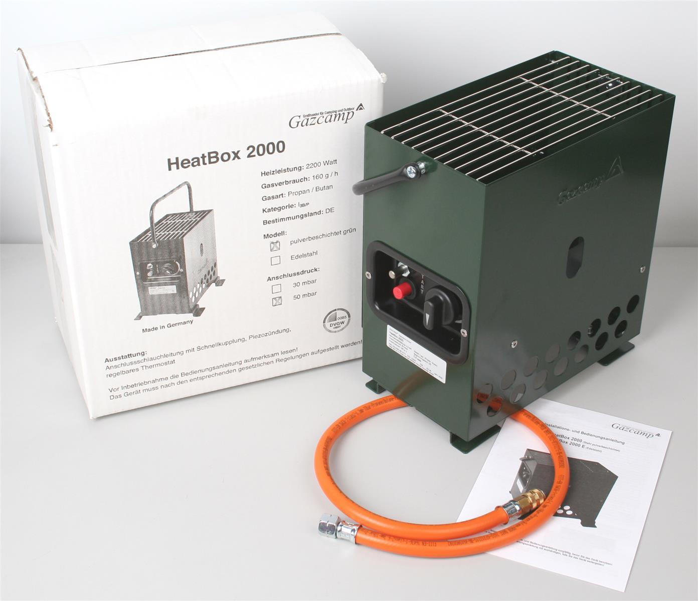 HeatBox 2000 Campingheizung 2,2 kW Grün Gasheizung Piezozündung Zündsicherung 50 mbar mit Schlauch