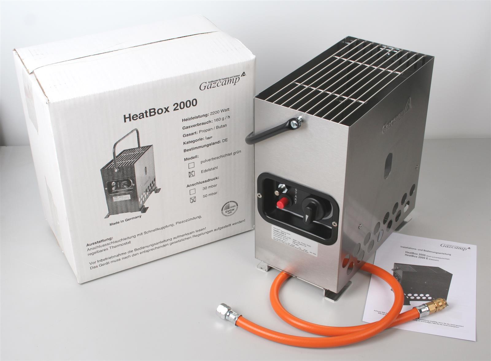 HeatBox 2000 Campingheizung 2,2 kW Gasheizung Piezozündung Zündsicherung 50 mbar mit Schlauch