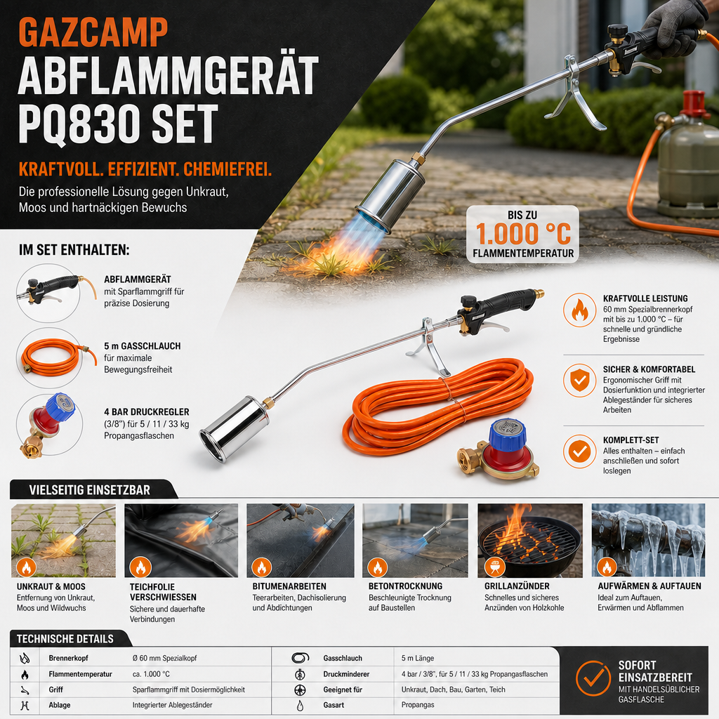 Gazcamp Abflammgerät PQ830 Set inkl. Druckminderer und 5m Gasschlauch