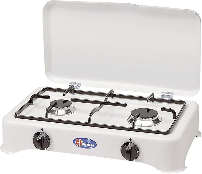 Parker Gaskocher – 2-flammig, Campingkocher, weiß mit Deckel + Parker Maria R Grillplatte aus Aluminiumguss + IGT Schlauch 1500 mm und Regler 50 mbar Set