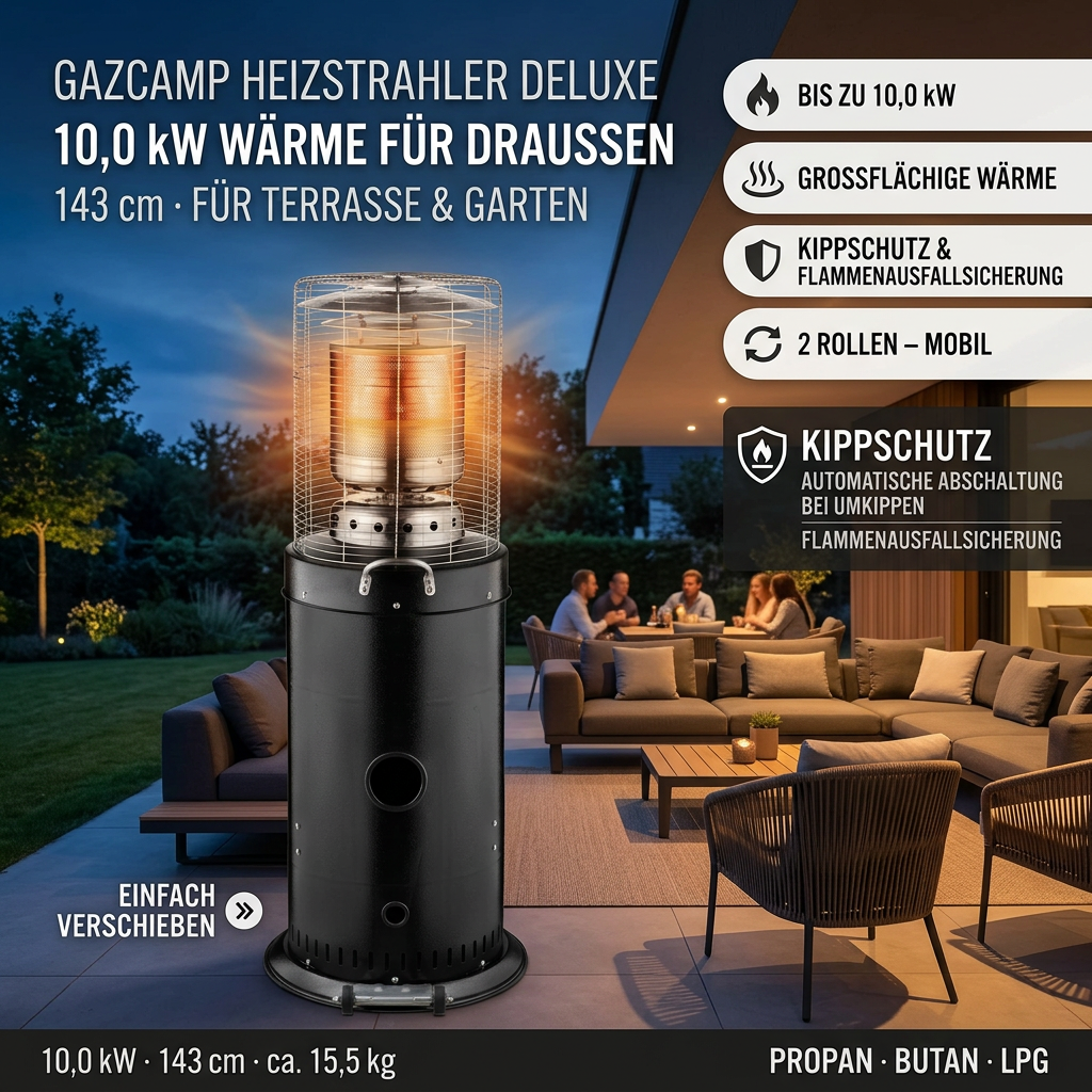 Gazcamp Heizstrahler Deluxe 10,0 kW – Gas Heizpilz aus Edelstahl mit Piezozündung & Kippschutz