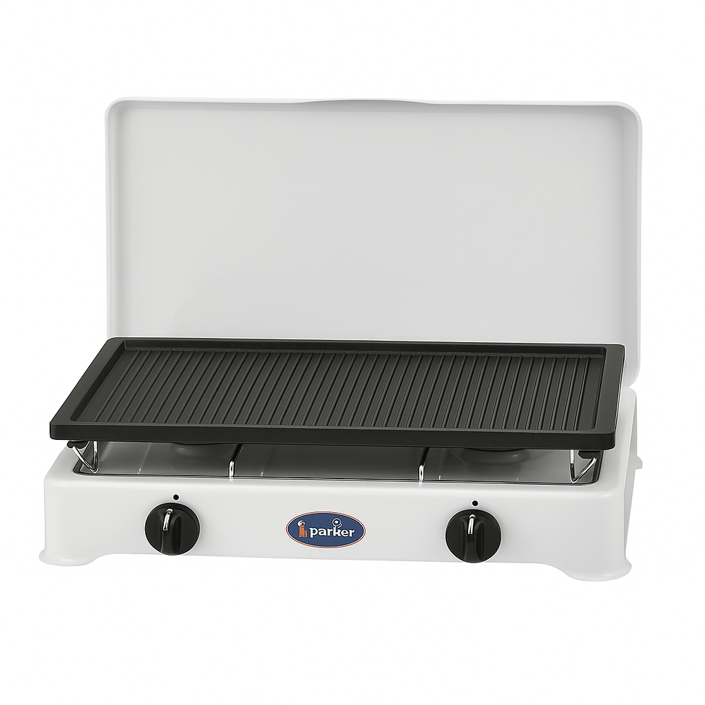 Parker Zweiflamm Gaskocher mit Zündsicherung weiß + Parker Maria R Grillplatte aus Aluminiumguss