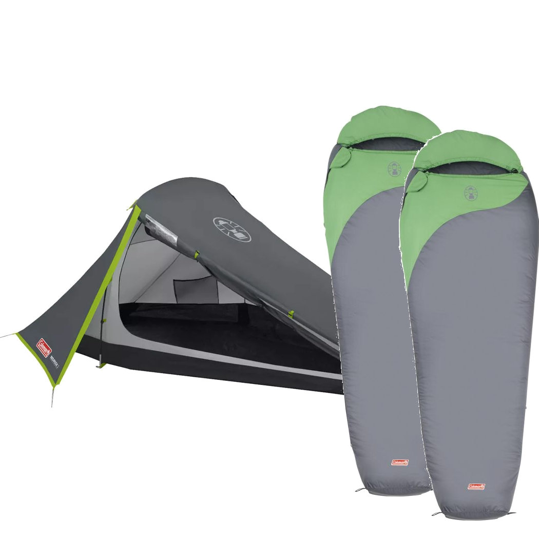 Coleman Set mit Zelt Bedrock 2 und 2x Mumienschlafsack Biker