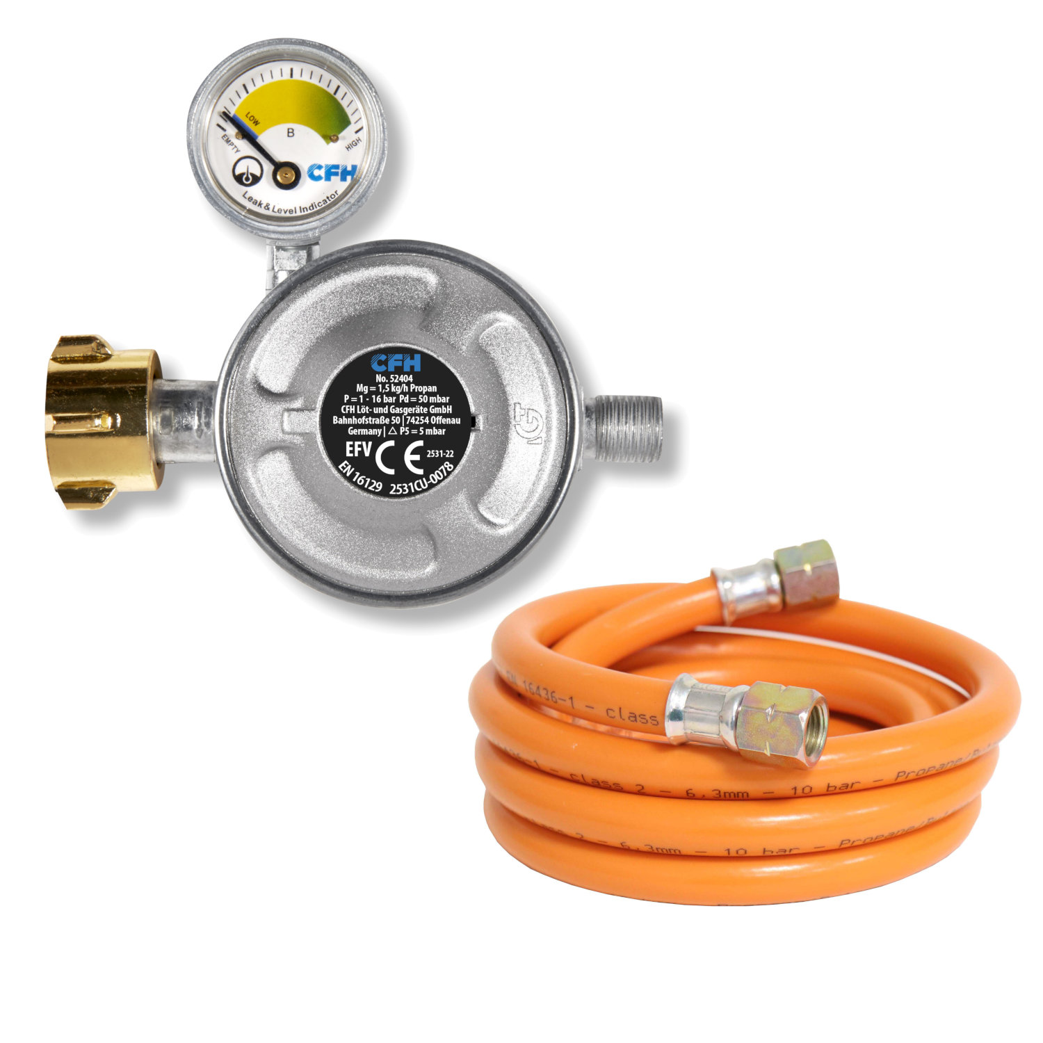CFH DRF 404 Gasdruckregler 50 mbar mit Strömungswächter & Füllstandsanzeige + 150 cm Gasschlauch