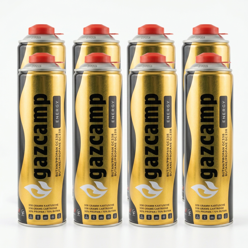 8x Gazcamp Butan/Propan 338g (616ml) Gaskartusche EN417 Schraubgewinde