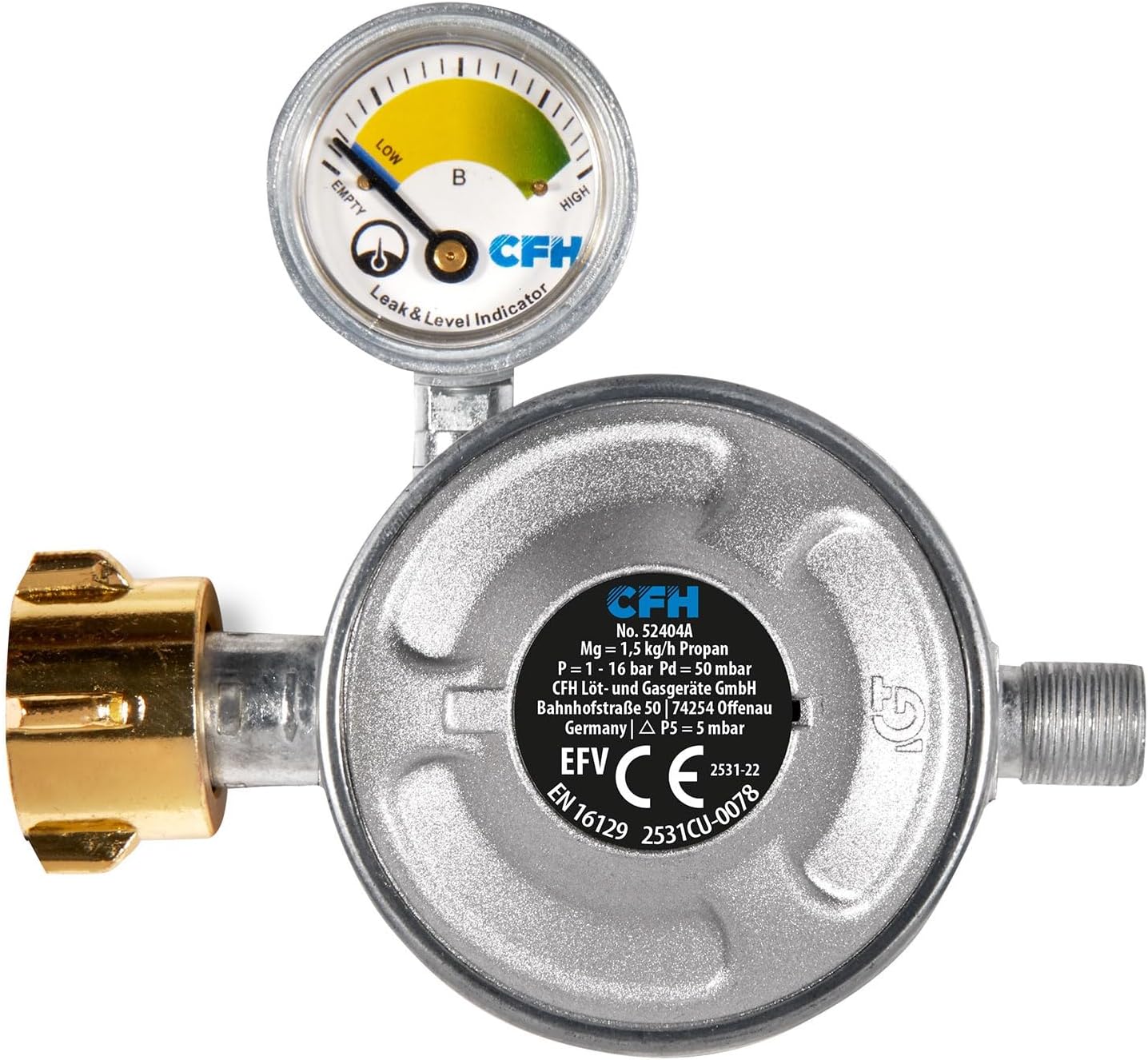 CFH DRF 404 Gasdruckregler 50 mbar mit Strömungswächter & Füllstandsanzeige + 150 cm Gasschlauch