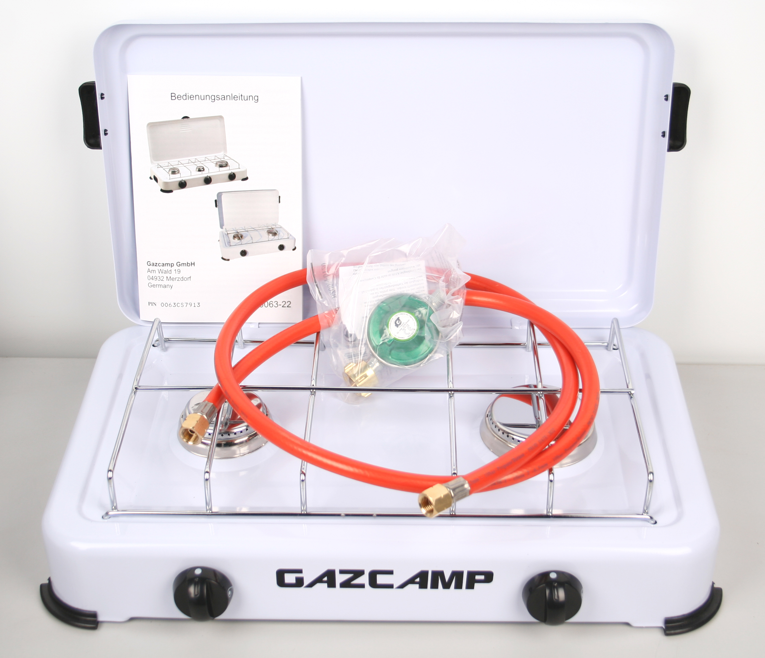 Gazcamp Gaskocher Campingkocher 2,4 kW 50 mBar 2 flammig Weiß mit Deckel 1/4" Linksgewinde-Anschluss mit Schlauch (80 cm) und Regler (50 mBar)