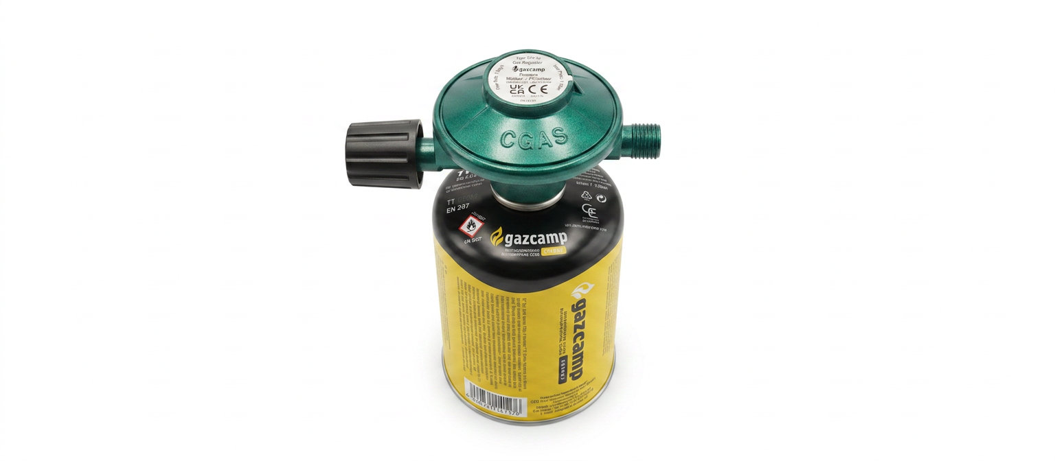 Gazcamp Kartuschenregler mit Kartusche GC450 und 50 mbar / 1,0 kg/h für Schraubkartuschen (7/16" UNEF)
