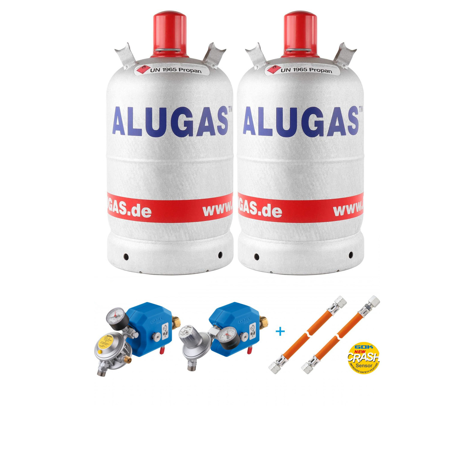 2x Alugas 11 kg Flaschen + Safedrive Plus Paket 30mbar Flaschenanlage