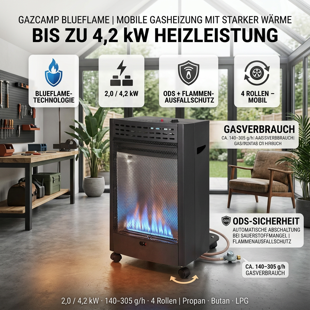 Gazcamp Blueflame Gasheizung - Mobile Gasheizung mit ODS & Kippschutz, 4,2 kW, für Propan/Butan, rollbar