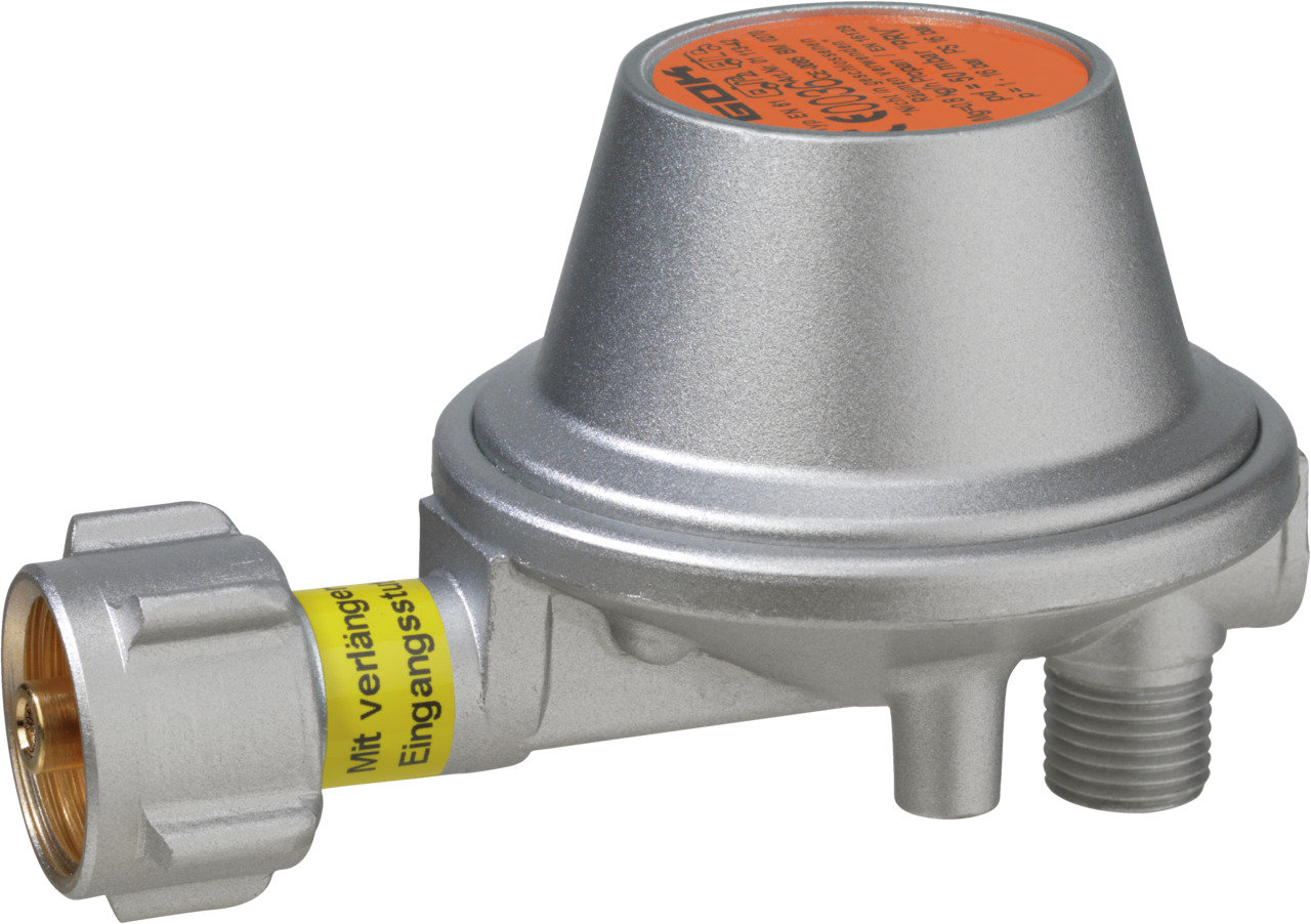 GOK Gasregler EN61 0,8kg/h 50mbar KLF (lang) x G1/4LH-KN-90G PRV