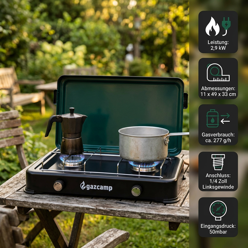 Gazcamp 2-flamm Gaskocher 2,9 kW 50 mbar schwarz mit Deckel inkl. Schlauch und Regler