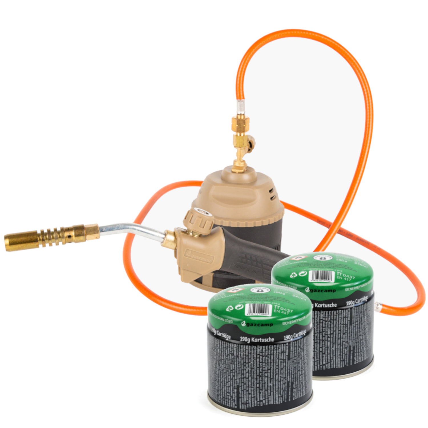 Gazcamp Stechkartuschen-Lötbrenner mit 1,5 m Schlauch inkl. Kartuschen (4 / 8 / 12 / 24 / 36 Stück)