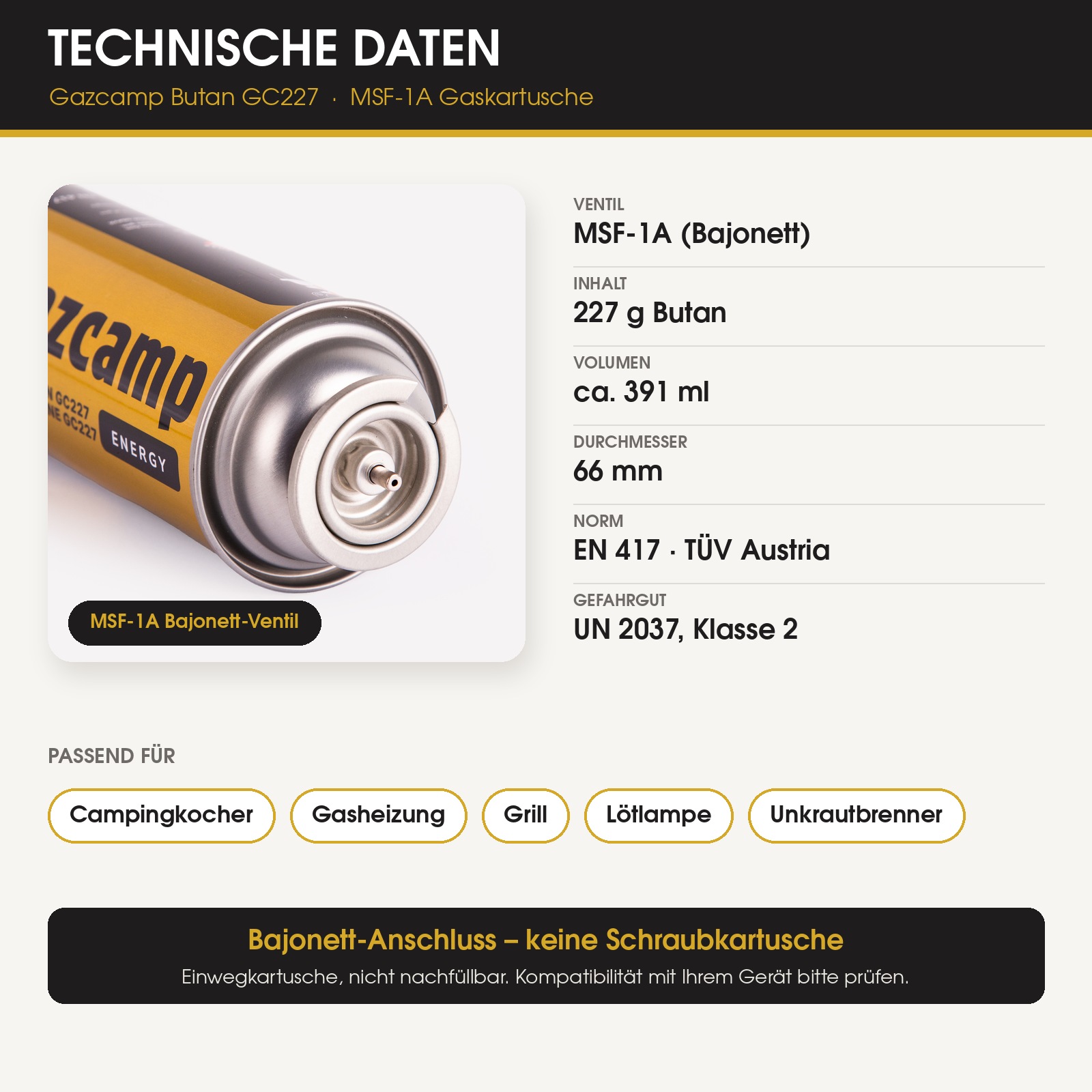 Gazcamp Butan 227g Gaskartusche Typ MSF-1A GC227