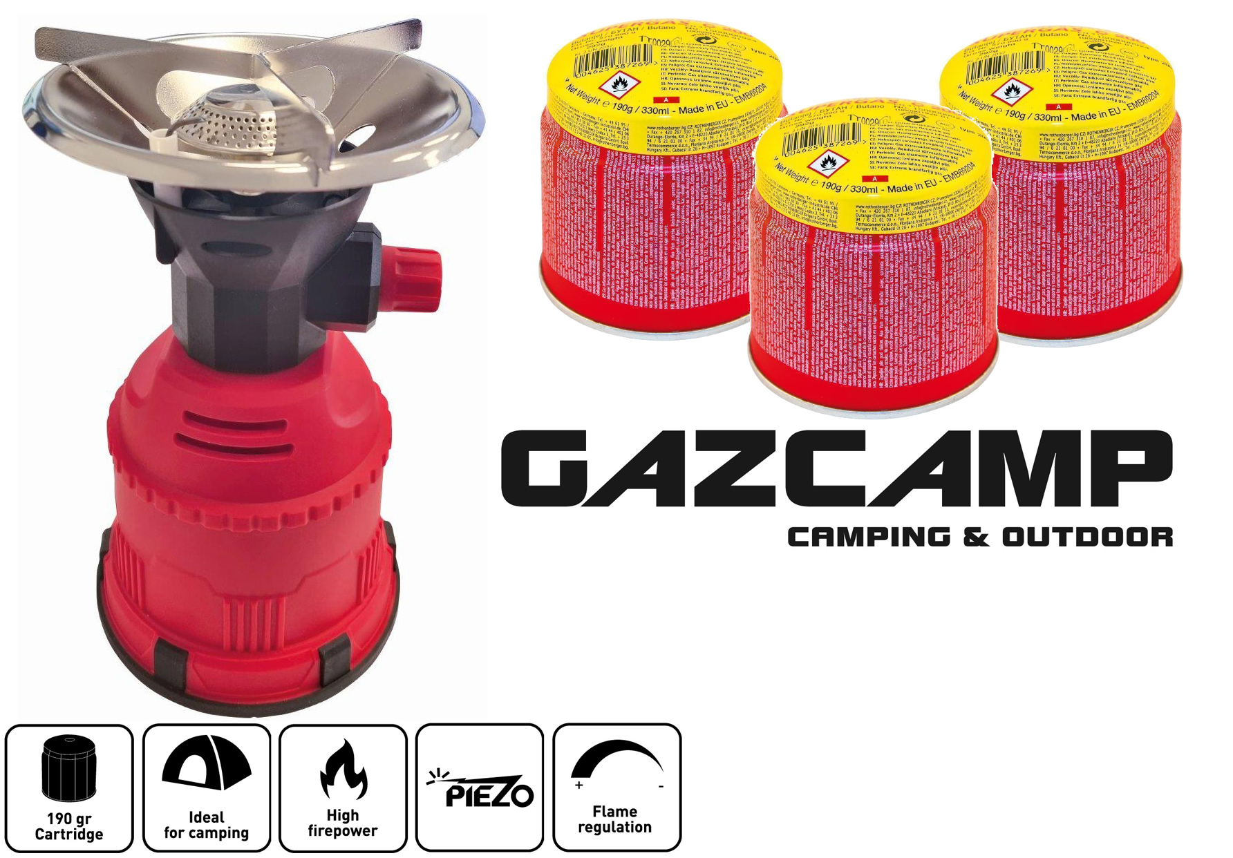 Gazcamp Campingkocher Gaskocher Piezozündung 1,2 kW für 190 g Gaskartusche Shisha Kocher Kohleanzünder