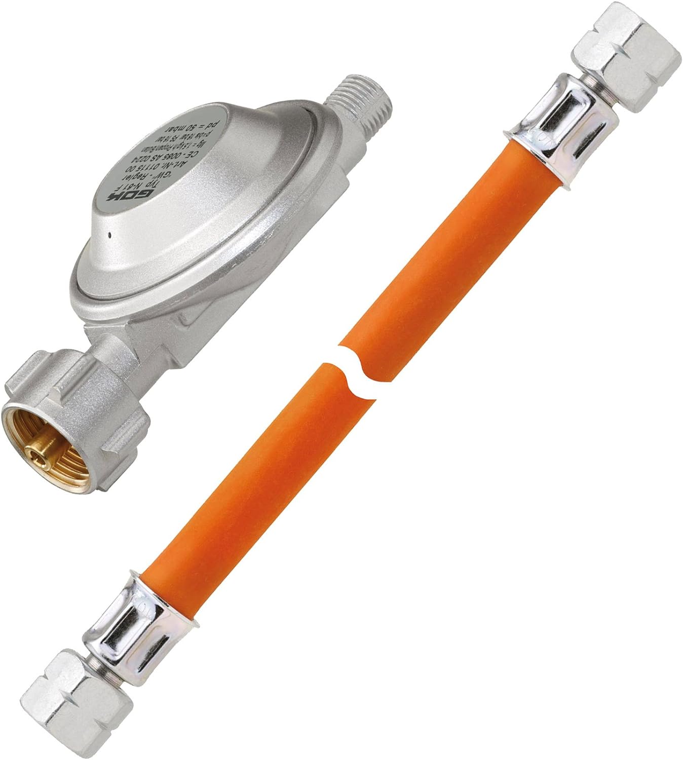 GOK Gasregler EN61 1,5kg/h 50mbar KLF x G1/4LH-KN + 150 cm Gasdruckschlauch