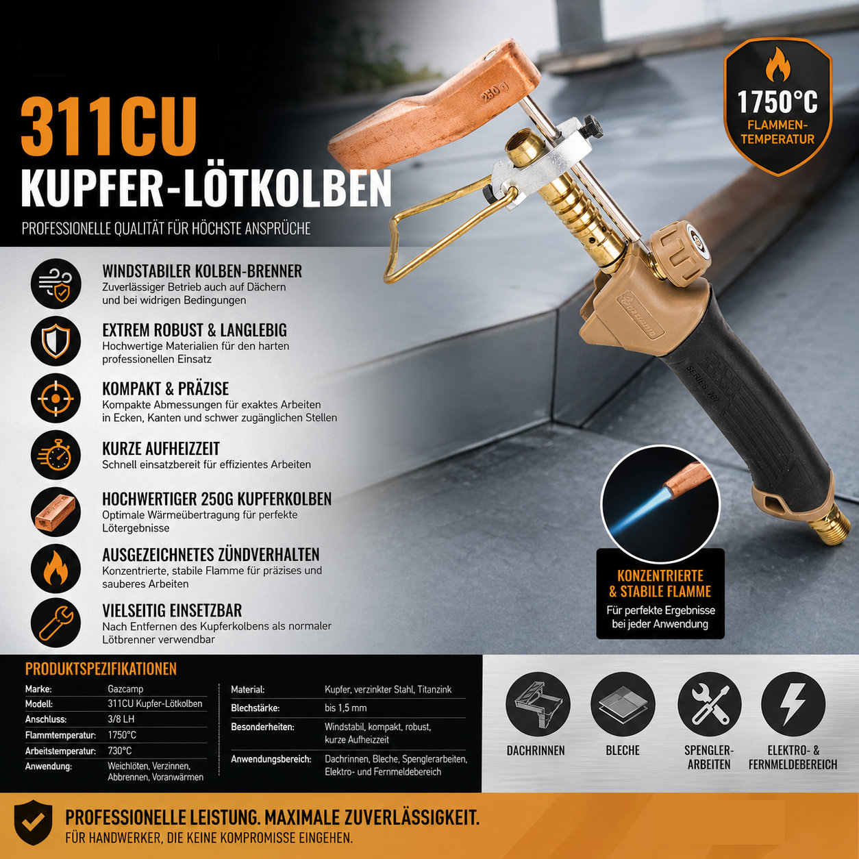 Gazcamp Kupfer-Lötkolben 311CU – Präzises Weichlöten für Dachrinnen, Bleche & Spenglerarbeiten