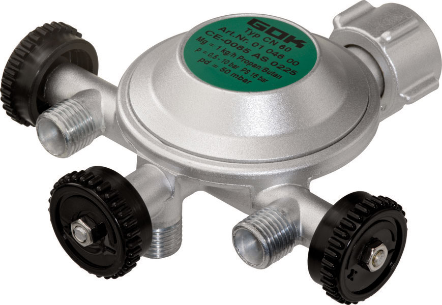 B-Ware GOK Gasregler EN61 1kg/h 50mBar mit 3 Abgänge 1/4"