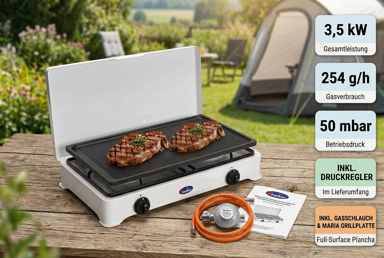 Parker Gaskocher – 2-flammig, Campingkocher, weiß mit Deckel + Parker Maria R Grillplatte aus Aluminiumguss