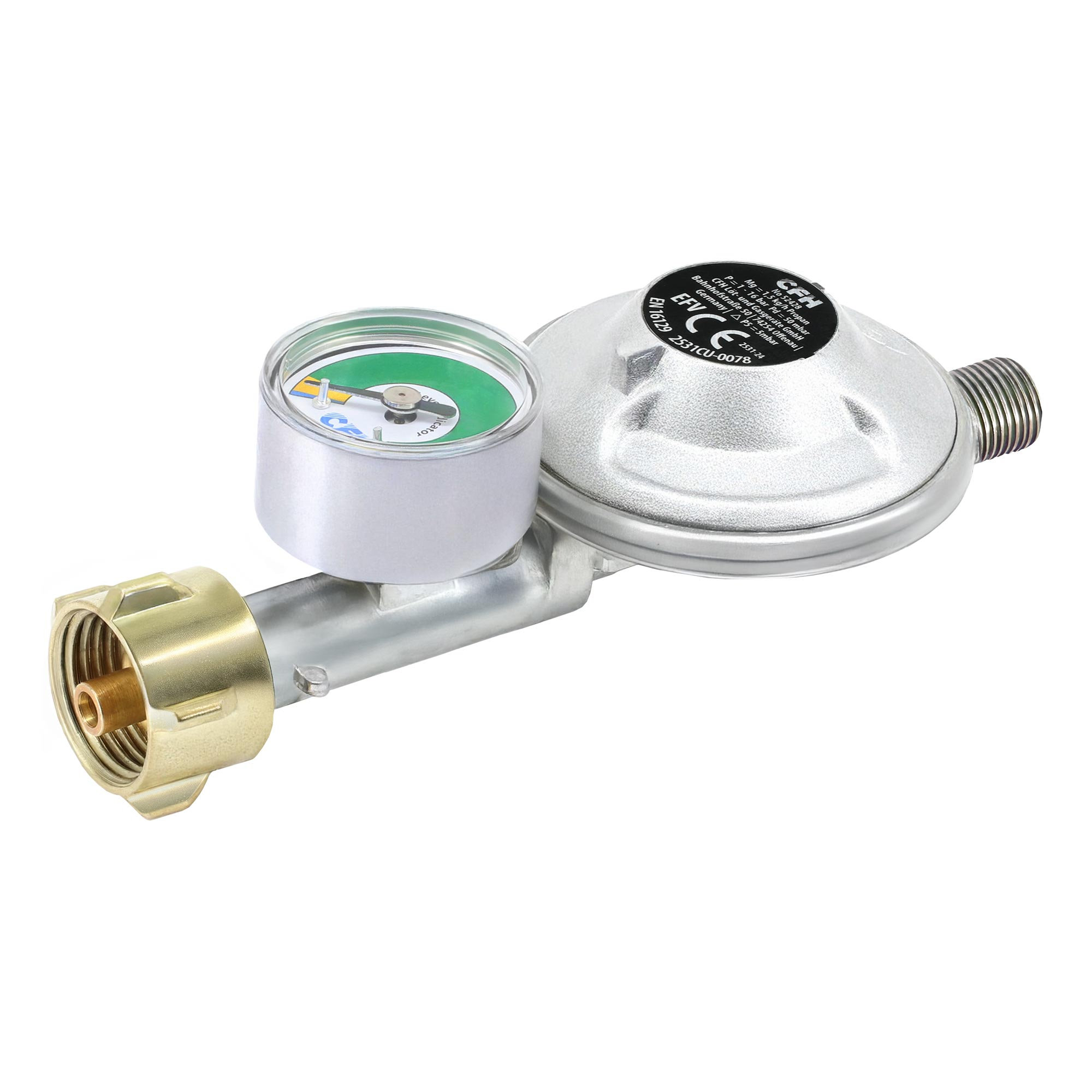 CFH Druckregler mit Füllstandsanzeige 50mBar 1/4" Linksgewinde EFV DRF428 + 150 cm Gasschlauch