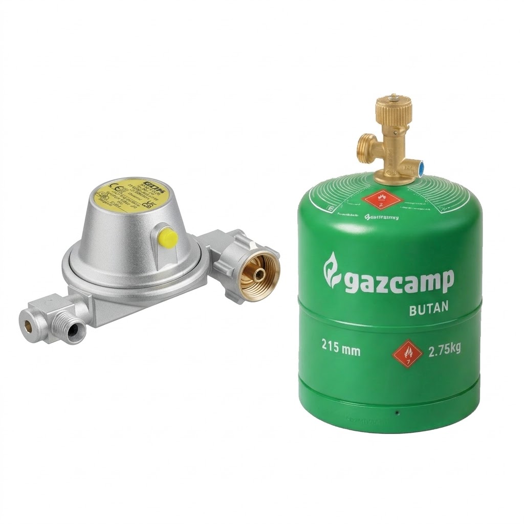 Gazcamp GC2750 Butangasflasche 2,75 kg Inhalt im Set mit Flaschenventil und Regler 30mbar Caravan