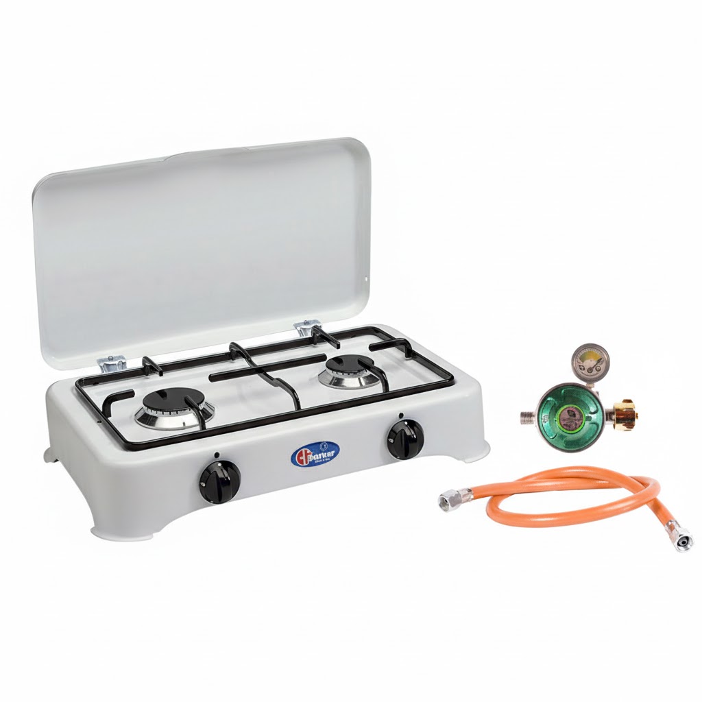 Parker Zweiflamm Gaskocher, Campingkocher, weiß mit Deckel 50 mbar + Druckminderer 50 mbar mit Füllstandsanzeige + 150 cm Schlauch