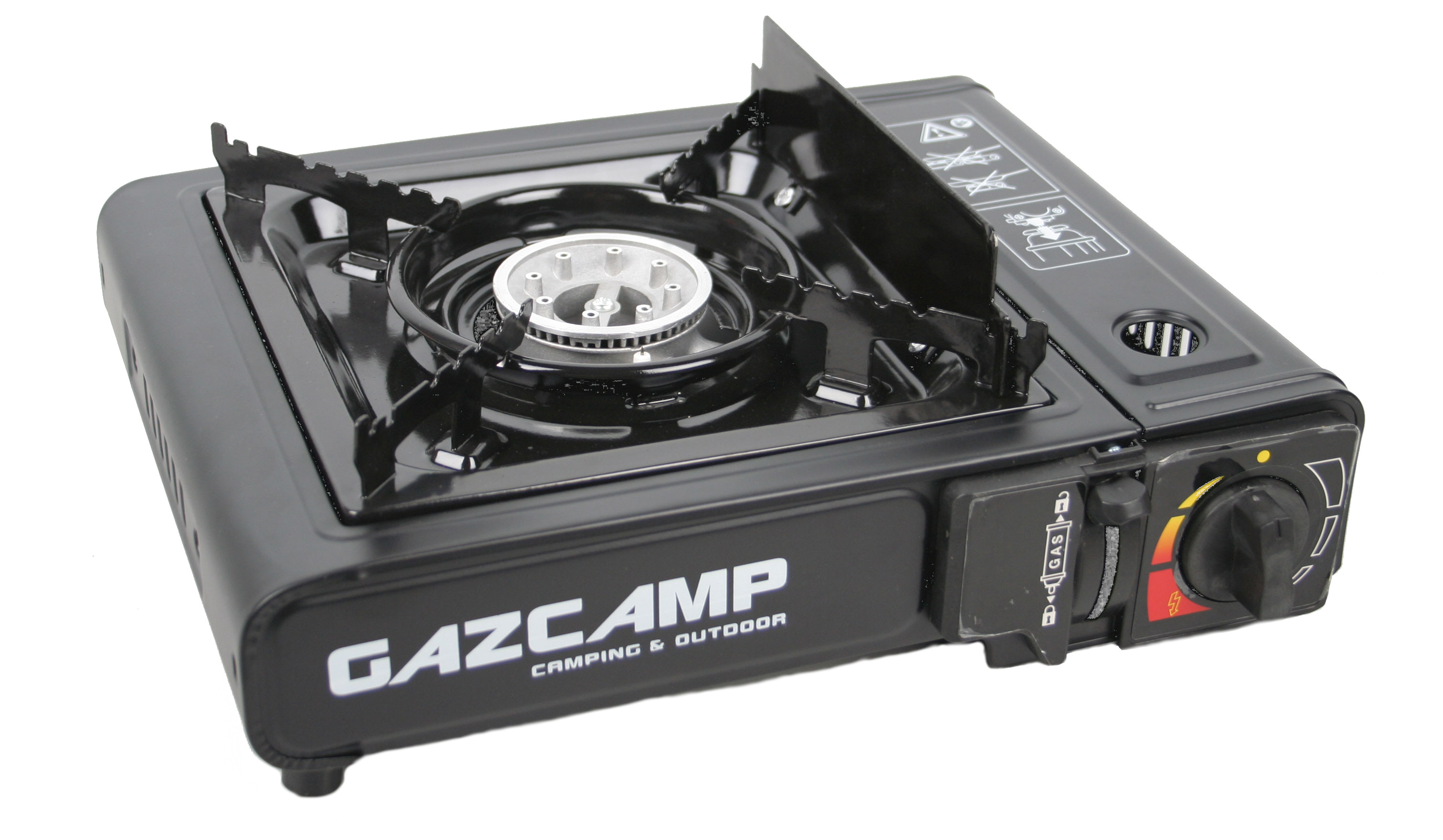 Gazcamp Campingkocher 2,34 kW PowerFlame mit Windschutz und Piezozündung im Reisekoffer