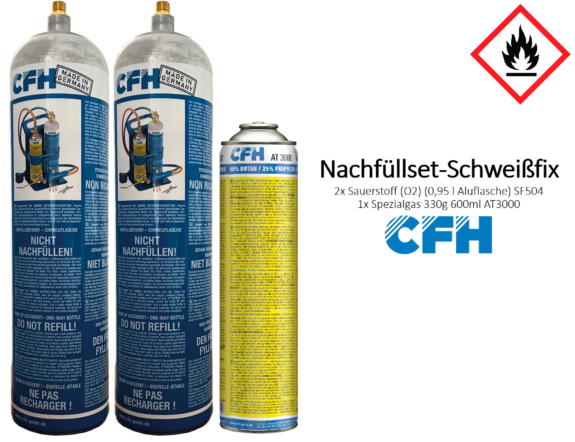 CFH Ersatzdosenset für Schweiß-Fix 2x Sauerstoffersatzflasche 140 g 950 ml Sauerstoff (O2) 1x Spezialgas 330 g 600 ml AT3000 SF504