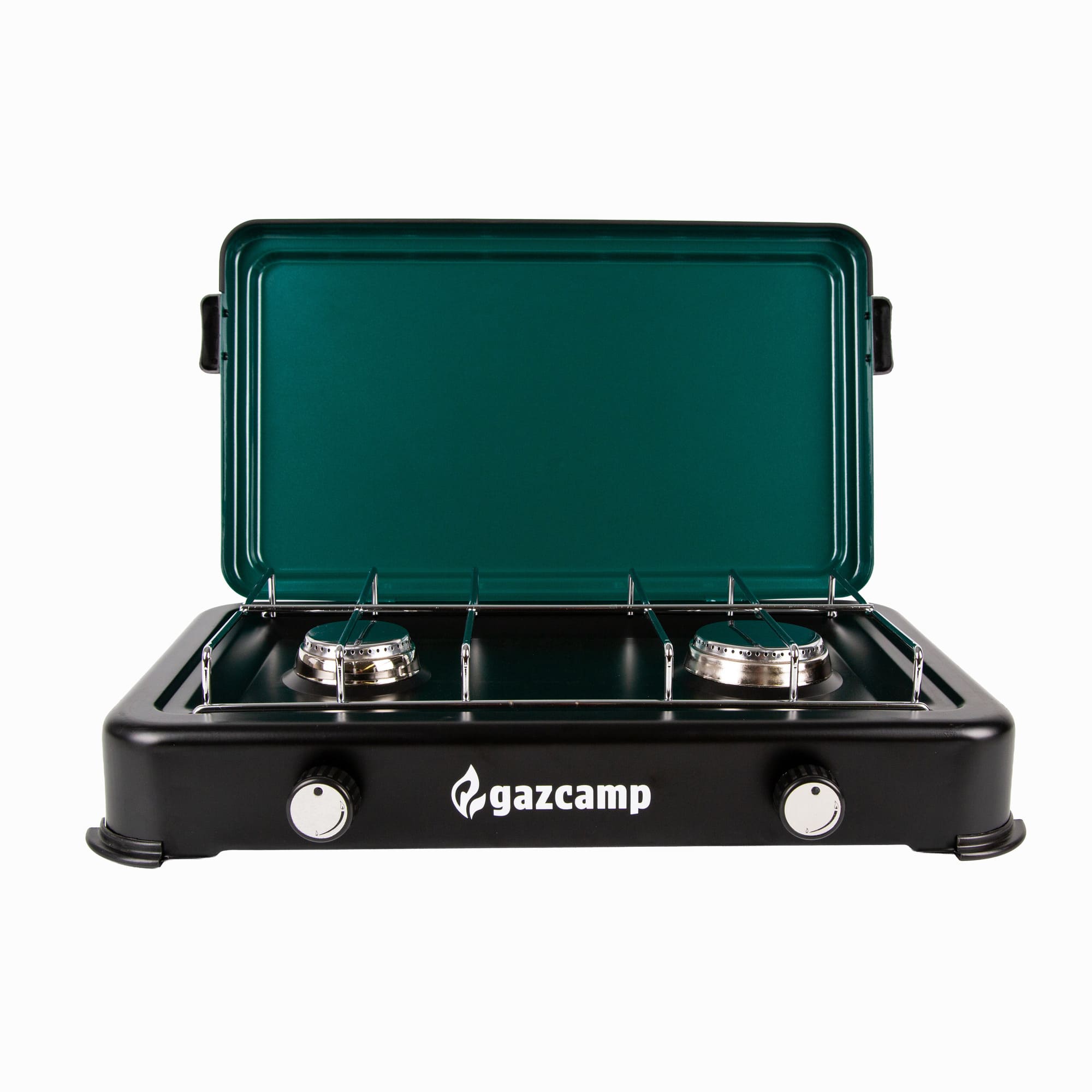 Gazcamp 2-flamm Gaskocher 2,9 kW 50 mbar schwarz mit Deckel inkl. Schlauch und Regler