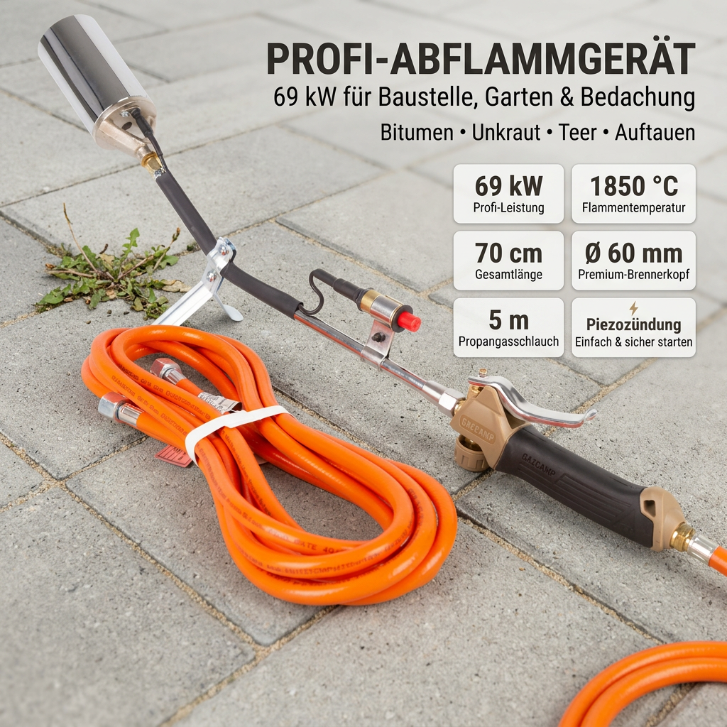Gazcamp Abflammgerät PQ850 PZ Premium – Profi-Gerät mit Piezozündung für Baustelle, Garten und Bedachungsarbeiten