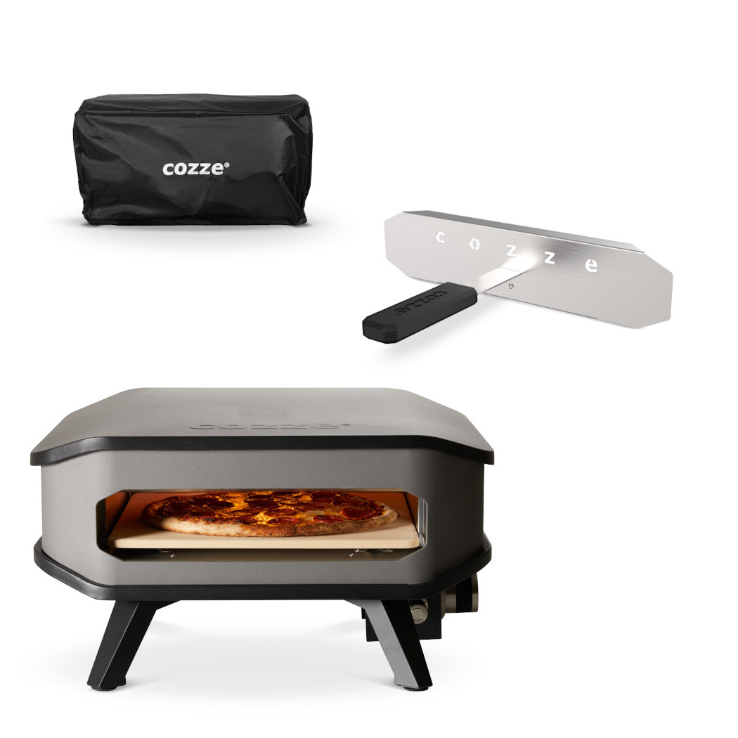 COZZE 13" Pizza-Gas-Ofen schwarz inkl. Pizzastein 34 x 34cm mit passender Abdeckung und Hitzeschild