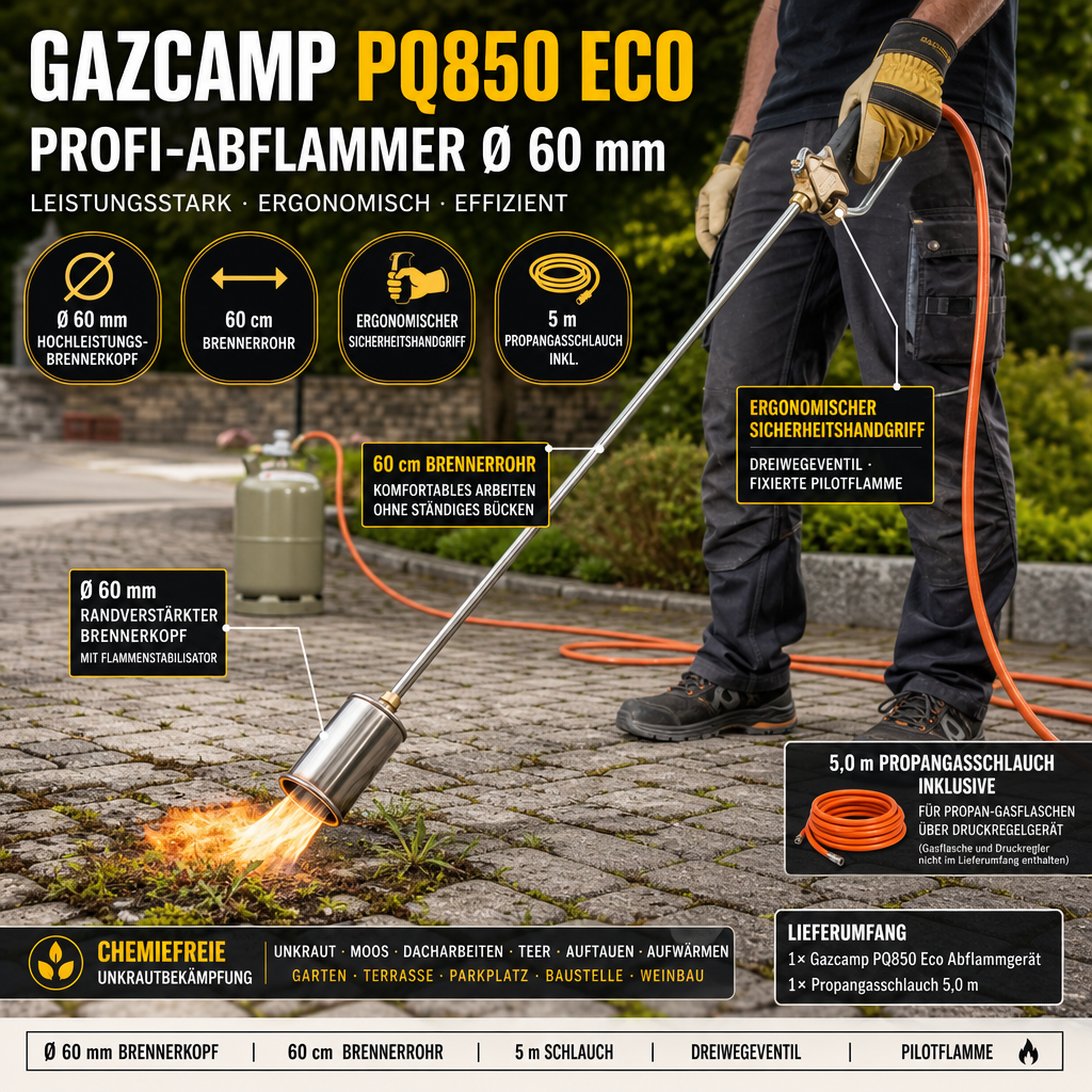 Gazcamp Abflammgerät PQ850 Eco – Abflammer für Garten, Baustelle und Outdoor-Einsätze