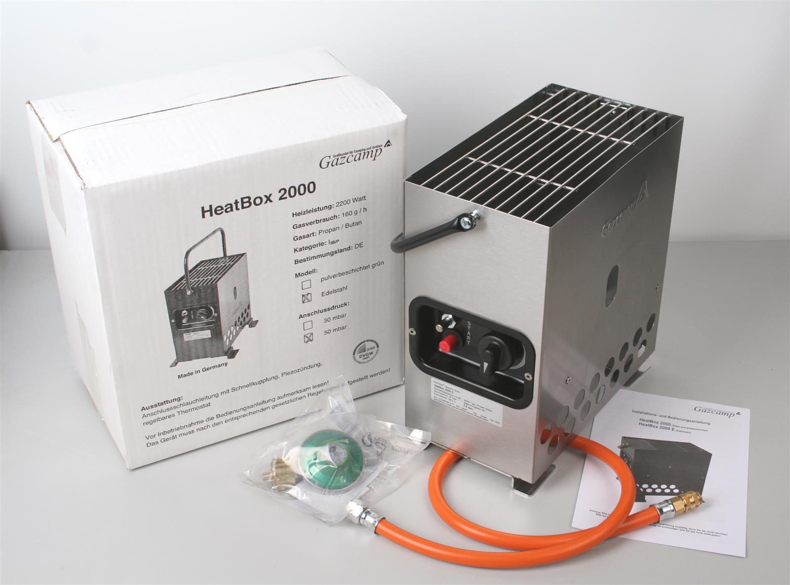 HeatBox 2000 Campingheizung 2,2 kW Gasheizung Piezozündung Zündsicherung 50 mbar mit Schlauch Regler