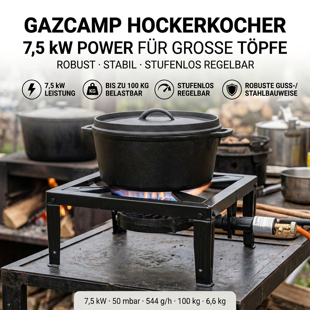 Gazcamp Hockerkocher 7,5 kW – Gaskocher für Camping mit 4 Füßen, 100 kg Belastbarkeit, 50 mBar,wahlweise Gasschlauch, Druckminderer und Gasflasche (5 kg oder 11 kg)