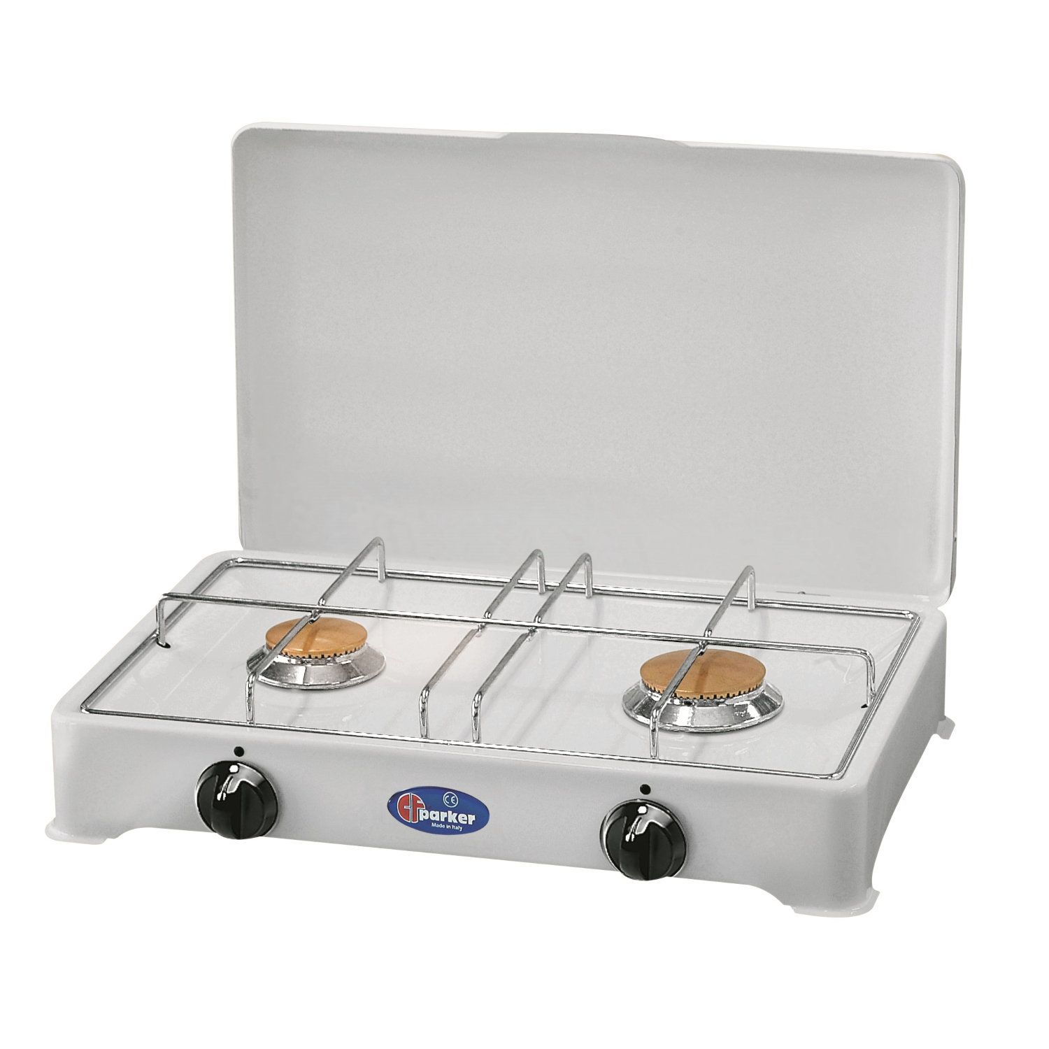 Parker Zweiflamm Gaskocher mit Zündsicherung weiß, 50 mbar + GOK Herdanschlußset