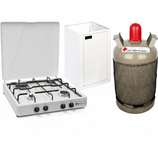 Notfall-Kochset „Autark Zuhause“ - 4-Flammen Gaskocher inkl. Unterschrank, GOK Regler & 11 kg Propangasflasche