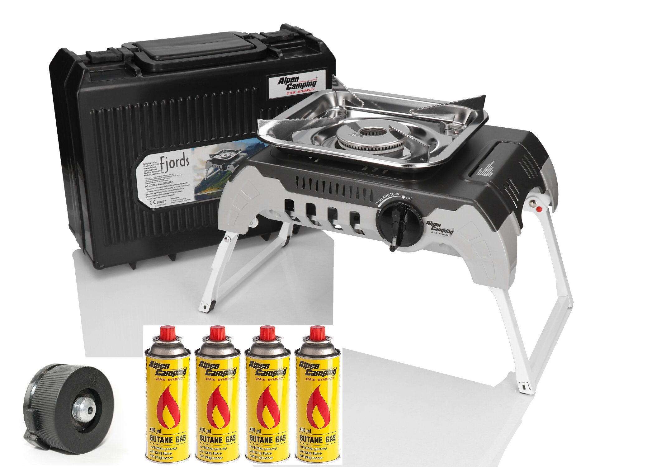 Alpen Camping Fjords Gaskocher Campingkocher + 4x 227g Msf1a Gaskartusche + Adapter 2400 Watt für Schraubgaskartuschen inkl. Koffer