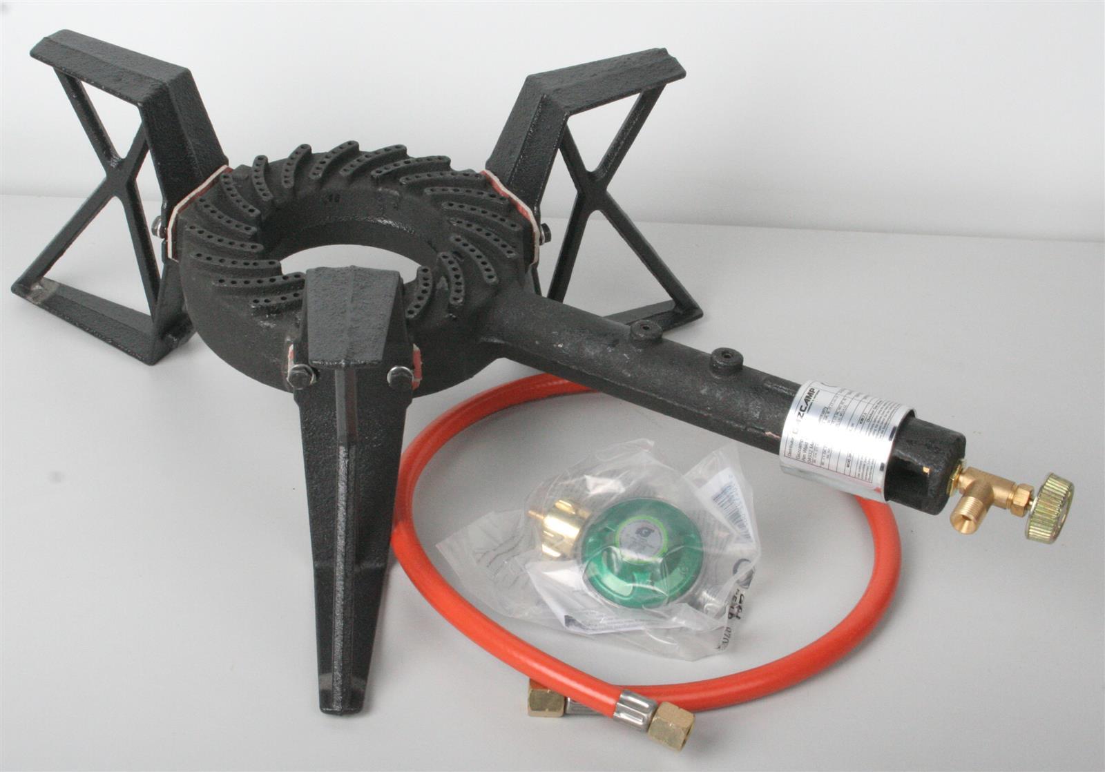 Hockerkocher 7,5 kW Gaskocher Campingkocher 3 Bein 100 kg belastbar 50 mBar mit Gasschlauch Druckminderer 5 kg 11 kg Gasflasche
